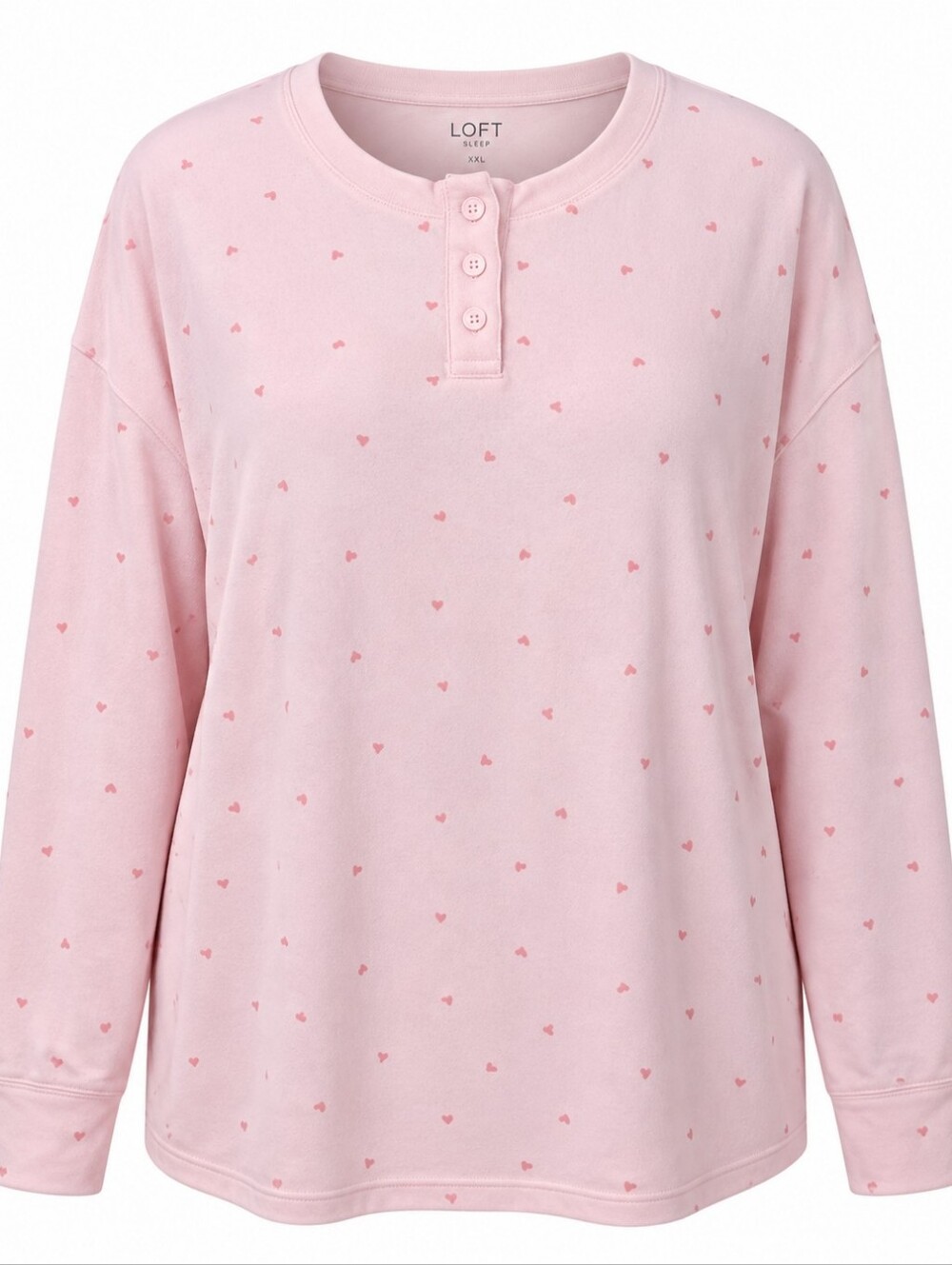 LOFT | Soft Pink Ditsy Heart Henley Cozy Sleep Loungewear Pajama Top | XXL